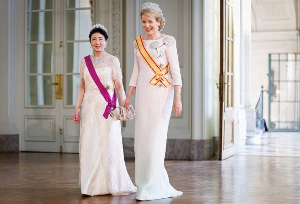 Japanese Empress Masako, Queen Mathilde of Belgium and pictured prior to the state banquet at the Castle of Laeken - Laken, Brussels, during the official state visit of the Japanese Emperor and Empress to Belgium on Tuesday 23 June 2026. The Emperor and Empress of Japan visit Belgium from June 20-25.  BENOITxDOPPAGNE 179026467