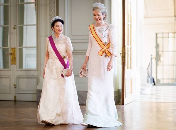 Japanese Empress Masako, Queen Mathilde of Belgium and pictured prior to the state banquet at the Castle of Laeken - Laken, Brussels, during the official state visit of the Japanese Emperor and Empress to Belgium on Tuesday 23 June 2026. The Emperor and Empress of Japan visit Belgium from June 20-25.  BENOITxDOPPAGNE 179026488