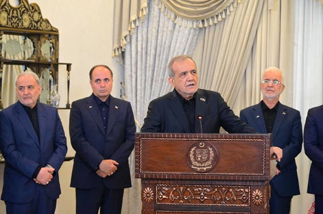 Iranian President Dr. Masoud Pezeshkian (C) speaks during a press conference with Pakistan s Prime Minister Muhammad Shehbaz Sharif (not see) in Islamabad, Pakistan, on Tuesday, June 23, 2026. A high-level Iranian delegation, including President Pezeshkian and Foreign Minister Abbas Araghchi, is visiting Pakistan. The Iranian president praised the progress of negotiations with the United States following the signing of a memorandum of understanding in Switzerland.  PAK2026062321 Pakistan sxPrimexMinisterxOffice