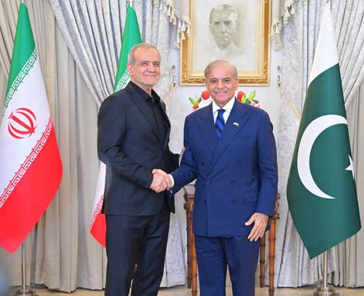 Iranian President Dr. Masoud Pezeshkian (L) and Pakistan s Prime Minister Muhammad Shehbaz Sharif (R) during their meeting in Islamabad, Pakistan, on Tuesday, June 23, 2026. A high-level Iranian delegation, including President Pezeshkian and Foreign Minister Abbas Araghchi, is visiting Pakistan. The Iranian president praised the progress of negotiations with the United States following the signing of a memorandum of understanding in Switzerland.  PAK2026062323 Pakistan sxPrimexMinisterxOffice