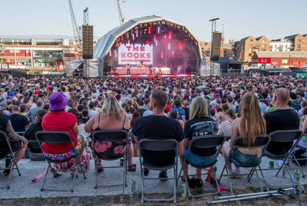 June 23, 2026, Bristol, Bristol, UK: Bristol, UK. The Kooks play on the opening night of the Bristol Sounds series of summer concerts at Canons Marsh Amphitheatre. Other bands playing Bristol Sounds this week include The Streets, Orchestral Manoeuvres In The Dark, and Super Furry Animals. Ticket holders attending The Kooks on Tuesday 23rd June and The Streets on Saturday 27th June are also able to watch England™s World Cup group stage football matches live across three outdoor screens at the harbourside venue. Gig goers can look forward to the hottest week of the year, including a red heat health alert issued by the UK Health Security Agency (UKHSA), from 01:00 on Wednesday until 23:00 on Thursday. Bristol UK  - ZUMAl94_ 20260623_zaf_l94_049 Copyright: xSimonxChapmanx