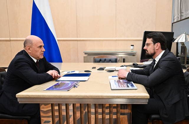 RUSSIA, MOSCOW - JUNE 24, 2026: Russia s Prime Minister Mikhail Mishustin (L) meets with Far East and Arctic Development Corporation CEO Nikolai Zapryagayev at the House of the Russian Government. Alexander Miridonov POOL TASS  94207401