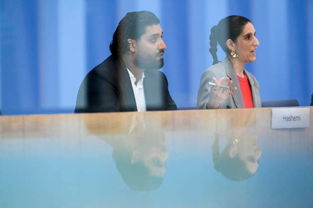ABB BPK- Said Etris Hashemi, Autor, Initiative 19. Februar Hanau, Bundesvorsitzender des Verbandes binationaler Familien Partnerschaften Rima Hanano, Co-Geschäftsführerin von CLAIM bei der Veroeffentlichung des Berichts Vorstellung des zivilgesellschaftlichen Lagebildes antimuslimischer Rassismus und Fallzahlen 2025 auf der BPK Bundespressekonferenz am 24.06.2026 in Berlin Berlin Deutschland *** ABB BPK Said Etris Hashemi, author, February 19 Hanau Initiative; Rima Hanano, Federal Chair of the Association of Binational Family Partnerships; Co-Executive Director of CLAIM, at the release of the report Overview of Anti-Muslim Racism in Civil Society and Case Statistics for 2025 at the BPK Federal Press Conference on June 24, 2026, in Berl