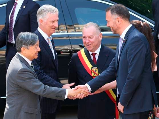 State Visit of the Emperor and the Empress of Japan to Belgium NAMUR, BELGIUM - JUNE 24 : Emperor Naruhito of Japan, King Philippe - Filip of Belgium and Maxime Prevot (Les Engages), Deputy Prime Minister and Minister of Foreign Affairs foreign of Federal Government pictured at the Castle of Namur during the state visit of the Emperor and Empress of Japan to Belgium, on June 24, 2026 in Namur, Belgium, 24 06 2026 Namur Belgium  Copyright: xBenoitxDoppagnex