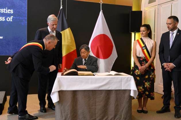 State Visit of the Emperor and the Empress of Japan to Belgium NAMUR, BELGIUM - JUNE 24 : King Philippe - Filip of Belgium, Emperor Naruhito of Japan and Maxime Prevot (Les Engages), Deputy Prime Minister and Minister of Foreign Affairs foreign of Federal Government pictured at the Castle of Namur (Signature of the Golden Book) during the state visit of the Emperor and Empress of Japan to Belgium, on June 24, 2026 in Namur, Belgium, 24 06 2026 Namur Belgium  Copyright: xPhilipxReynaersx