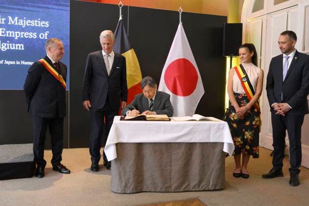 State Visit of the Emperor and the Empress of Japan to Belgium NAMUR, BELGIUM - JUNE 24 : King Philippe - Filip of Belgium, Emperor Naruhito of Japan and Maxime Prevot (Les Engages), Deputy Prime Minister and Minister of Foreign Affairs foreign of Federal Government pictured at the Castle of Namur (Signature of the Golden Book) during the state visit of the Emperor and Empress of Japan to Belgium, on June 24, 2026 in Namur, Belgium, 24 06 2026 Namur Belgium  Copyright: xPhilipxReynaersx