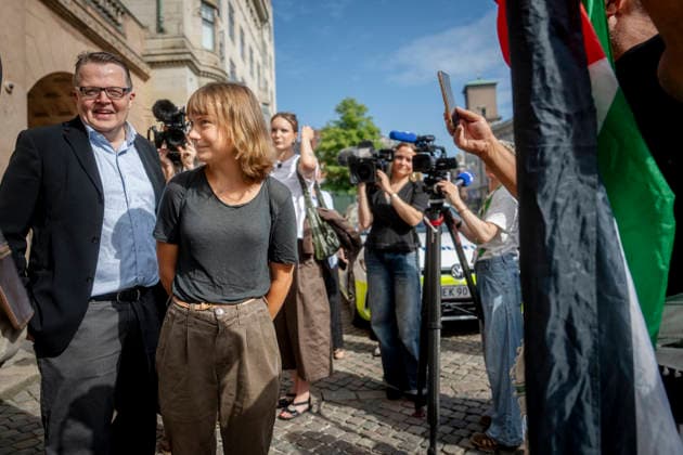 The Swedish climate activist Greta Thunberg in Copenhagen City Court The Swedish climate activist Greta Thunberg together with her lawyer Tyge Trier in Copenhagen City Court on Wednesday, June 24, 2026. She is accused of having, along with five others, unlawfully gained access to a room at the University of Copenhagen in September 2024. She was arrested the same day in connection with the pro-Palestinian movement Students Against Occupation briefly occupying the museum building at the university. There is a claim for a fine against the accused. (Photo: Mads Claus Rasmussen Ritzau Scanpix) , Copenhagen Denmark *** Swedish climate activist Greta Thunberg at the Copenhagen City Court. Swedish climate activist Greta Thunberg, accompanied by h  Copyright: RitzauxScanpix MadsxClausxRasmussenx spdk20260624-115627-L