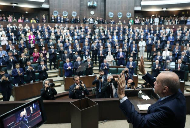 AK Party Group Meeting in Ankara ANKARA, TURKIYE - JUNE 24: ----EDITORIAL USE ONLY - MANDATORY CREDIT - TURKISH PRESIDENCY MURAT KULA HANDOUT - NO MARKETING NO ADVERTISING CAMPAIGNS - DISTRIBUTED AS A SERVICE TO CLIENTS----) Turkish President and Chairman of the Justice and Development (AK) Party Recep Tayyip Erdogan greets the crowd during the his party s parliamentary group meeting at the Grand National Assembly of Turkiye (GNAT) in Ankara, Turkiye, on June 24, 2026. Turkish Presidency Murat Kula Handout Anadolu Ankara Turkey. Editorial use only. Please get in touch for any other usage.  Copyright: x2026xAnadoluxTurkishxPresidencyx xMuratxKulax xHandoutx