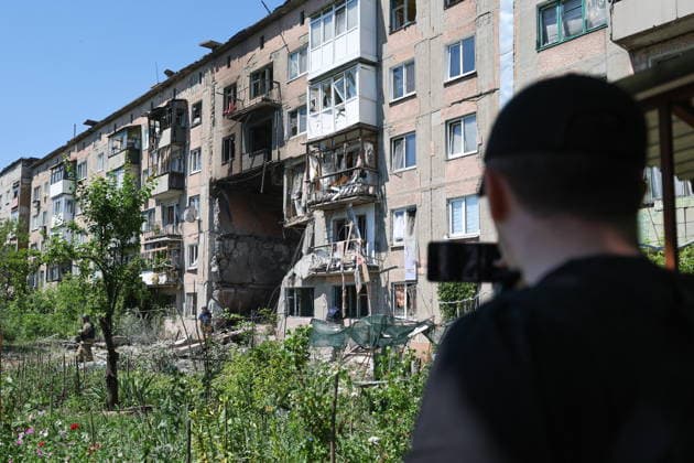 RUSSIA, GORLOVKA - JUNE 24, 2026: An apartment block destroyed in a drone attack. Dmitry Yagodkin TASS  94215025