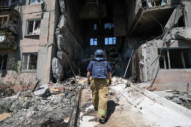 RUSSIA, GORLOVKA - JUNE 24, 2026: An apartment block destroyed in a drone attack. Dmitry Yagodkin TASS  94215161