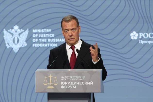 RUSSIA, ST PETERSBURG - JUNE 24, 2026: Russian Security Council Deputy Chairman, United Russia Party leader Dmitry Medvedev speaks at a plenary session titled International Law: A Privilege for the Few, or Law among Equals? as part of the 14th St Petersburg International Legal Forum at the ExpoForum Convention and Exhibition Centre. Peter Kovalev TASS  94218588