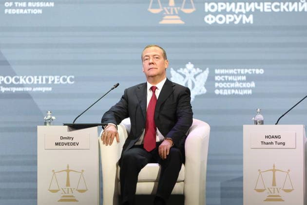 RUSSIA, ST PETERSBURG - JUNE 24, 2026: Russian Security Council Deputy Chairman, United Russia Party leader Dmitry Medvedev attends a plenary session titled International Law: A Privilege for the Few, or Law among Equals? as part of the 14th St Petersburg International Legal Forum at the ExpoForum Convention and Exhibition Centre. Peter Kovalev TASS  94219641