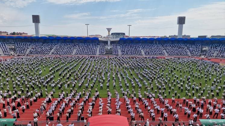 Traditional Andijan Polka dance performance enters Guinness World Records in Uzbekistan ANDIJAN, UZBEKISTAN - JUNE 24: Hundreds of performers dressed in traditional attire fill the entire field and running tracks of a stadium to perform the iconic national folk dance, Andijan polka, simultaneously in Andijan, Uzbekistan on June 24, 2026. The mass synchronized cultural event, which saw the participation of approximately 500 people, successfully entered the Guinness World Records. Bahtiyar Abdülkerimov Anadolu Andijan Uzbekistan. Editorial use only. Please get in touch for any other usage.  Copyright: x2026xAnadoluxBahtiyarxAbdülkerimovx