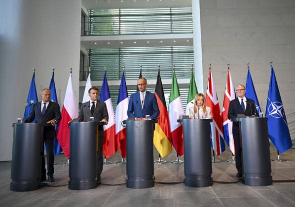 E5 Leaders’ Summit in Berlin BERLIN, GERMANY - JUNE 24: (L-R) Poland s Prime Minister Donald Tusk, France s President Emmanuel Macron, German Chancellor Friedrich Merz, Italy s Prime Minister Giorgia Meloni and Britain s Prime Minister Keir Starmer hold a press conference at the end of their E5 Leaders’ Summit on June 24, 2026 at the Chancellery in Berlin, Germany. Halil Sagirkaya Anadolu Berlin Germany. Editorial use only. Please get in touch for any other usage.  Copyright: x2026xAnadoluxHalilxSagirkayax