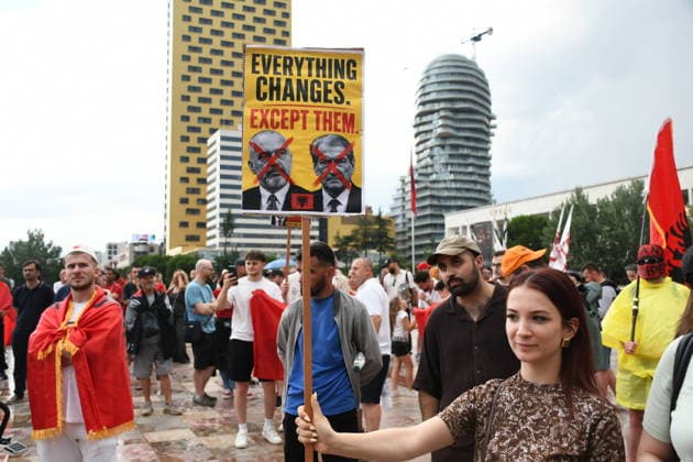 Demonstrations over controversial Vlora tourism project enter 25th day in Tirana TIRANA, ALBANIA - JUNE 24: Protesters gather at Skanderbeg Square despite the rain on the 25th day of demonstrations against a planned tourism development project in the Zvernec region of Vlora, holding banners with the slogan Albania is not for sale in Tirana, Albania on June 24, 2026. Olsi Shehu Anadolu Tirana World. Editorial use only. Please get in touch for any other usage.  Copyright: x2026xAnadoluxOlsixShehux