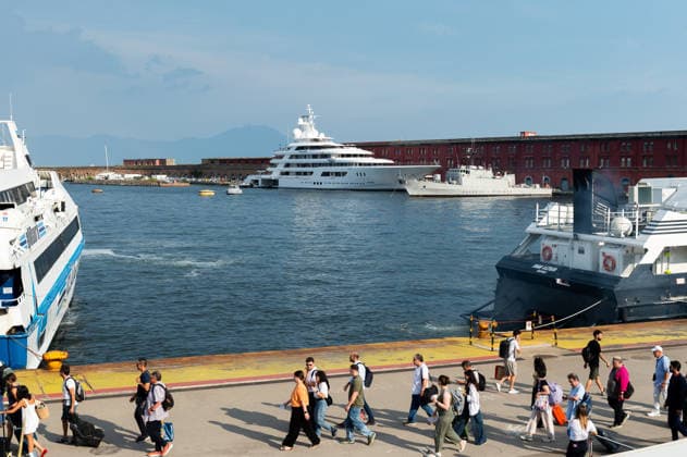 Superyacht Boardwalk moored in the port of Naples NAPLES, ITALY - JUNE 24: Superyacht Boardwalk of U.S. Ambassador to Italy Tilman Fertitta is moored in the port of Naples, Italy, on June 24, 2026. Tilman Fertitta reportedly expressed his intention to anchor near St. Mark’s Basin during the Redentore celebrations in Venice, sparking protests from environmental groups and civic organizations. While waiting to see what the Venetian authorities’ final decision will be, Fertitta has chosen Naples as his base. Eliano Imperato Anadolu Naples Italy. Editorial use only. Please get in touch for any other usage.  Copyright: x2026xAnadoluxElianoxImperatox
