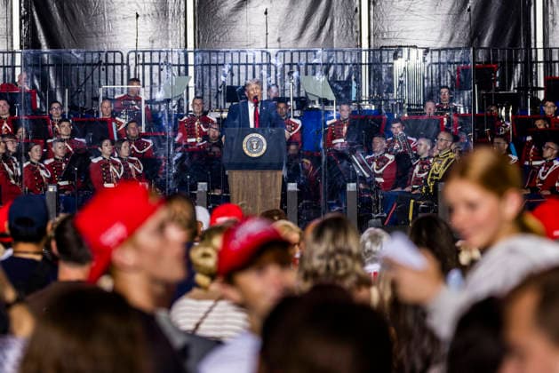 US President Donald Trump speaks at the opening concert of the Freedom 250 Great American State Fair on the National Mall in Washington, DC, on Wednesday, June 24, 2026. Numerous performers dropped out of the embattled event, citing its association with the Trump administration. In response, Trump announced he would appear in lieu of the musicians for what he called a rally to end all rallies.  WAX20260620204 JIMxLOxSCALZO