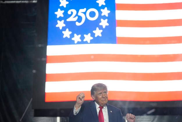 US President Donald Trump speaks at the opening concert of the Freedom 250 Great American State Fair on the National Mall in Washington, DC, on Wednesday, June 24, 2026. Numerous performers dropped out of the embattled event, citing its association with the Trump administration. In response, Trump announced he would appear in lieu of the musicians for what he called a rally to end all rallies.  WAX20260620206 JIMxLOxSCALZO