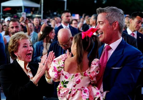 The United States Secretary of Education Linda McMahon entertains the daughter of United States Secretary of Transportation Sean Duffy before President Donald Trump speaks at a rally to kick off the 16-day Great American State Fair as part of Washington, D.C. s celebration of the nation s 250th birthday on the National Mall on Wednesday, June 24, 2026. The rally will include military flyovers, musical performances from Lee Greenwood and Christopher Macchio, and the U.S. Army Band, the U.S. Marine Band and Armed Forces choirs.  WAP202606244091 BONNIExCASH