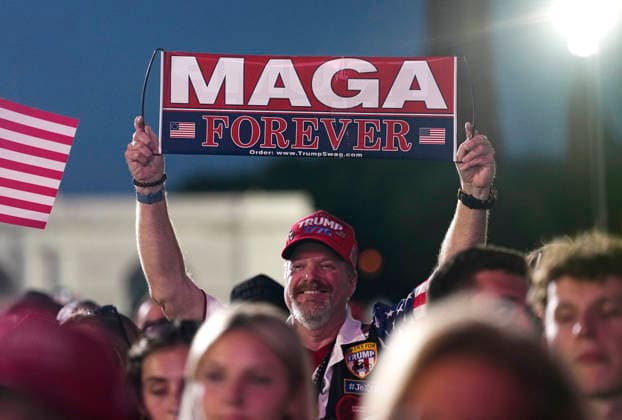 Attendees hold MAGA signs before President Donald Trump speaks at a rally to kick off the 16-day Great American State Fair as part of Washington, D.C. s celebration of the nation s 250th birthday on the National Mall on Wednesday, June 24, 2026. The rally will include military flyovers, musical performances from Lee Greenwood and Christopher Macchio, and the U.S. Army Band, the U.S. Marine Band and Armed Forces choirs. Copyright: xBonniexCashx xPoolxviaxCNPx MediaPunchx