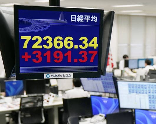 Nikkei index hits record close A financial data monitor at a currency trading company in Tokyo shows the 225-issue Nikkei Stock Average gaining over 3,100 points to hit an all-time high on a closing basis on June 25, 2026.  A14AA0005620183P