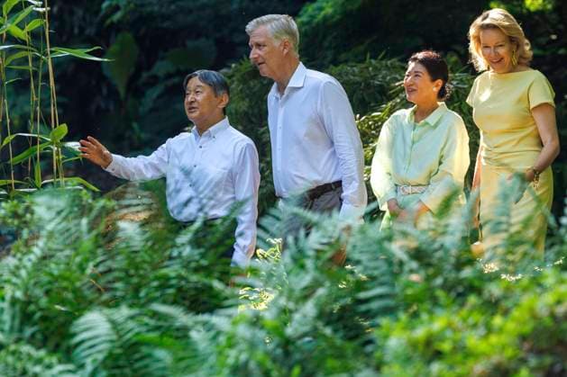 State Visit of the Emperor and the Empress of Japan to Belgium BRUSSELS, BELGIUM - JUNE 25 : Emperor Naruhito of Japan, Empress Masako of Japan, Queen Mathilde of Belgium and King Philippe - Filip of Belgium pictured during the visit of the garden and the Japanese Tower during the state visit of the Emperor and Empress of Japan to Belgium, on June 25, 2026 in Brussels, Belgium, 25 06 2026 Brussels Belgium  Copyright: xOlivierxMatthysx
