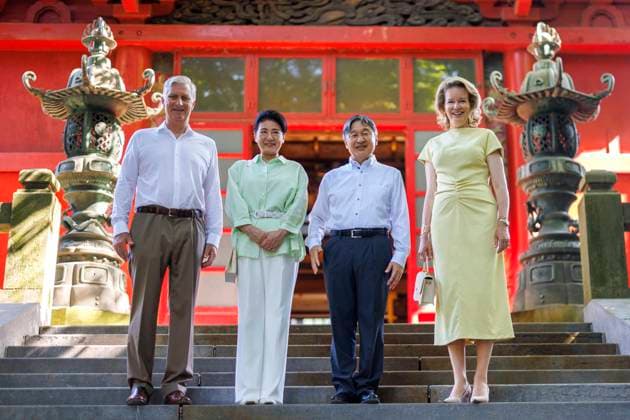 State Visit of the Emperor and the Empress of Japan to Belgium BRUSSELS, BELGIUM - JUNE 25 : Emperor Naruhito of Japan, Empress Masako of Japan, Queen Mathilde of Belgium and King Philippe - Filip of Belgium pictured during the visit of the garden and the Japanese Tower in the Royal Domain of Laeken during the state visit of the Emperor and Empress of Japan to Belgium, on June 25, 2026 in Brussels, Belgium, 25 06 2026 Brussels Belgium  Copyright: xOlivierxMatthysx