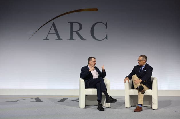 Greg Sheridan (left) and Eric Metaxas onstage at the Alliance for Responsible Citizenship Conference 2026. Image Licensed to Parsons Media. 25 06 2026. London, United Kingdom. The Alliance for Responsible Citizenship Conference 2026.  Copyright: xAndrewxParsonsx xParsonsxMediax PAR-9218-0044