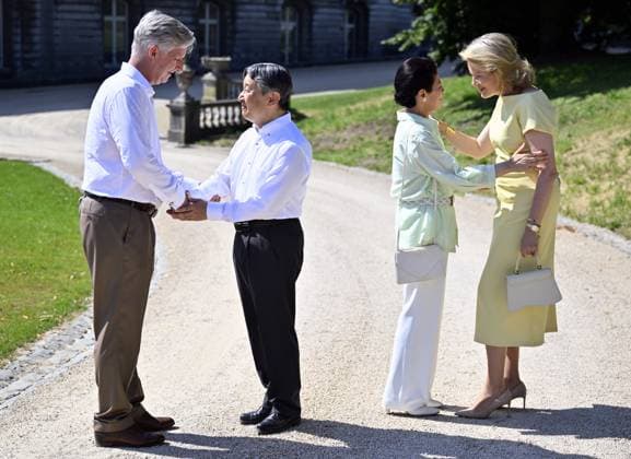 King Philippe - Filip of Belgium, Japanese Emperor Naruhito, Japanese Empress Masako and Queen Mathilde of Belgium pictured at the farewell, at the end of an official state visit of the Japanese Emperor and Empress to Belgium, on Thursday 25 June 2026, at the Royal Castle in Laken Laeken, Brussels. The Emperor and Empress of Japan visit Belgium from June 20-25.  ERICxLALMAND 179221333