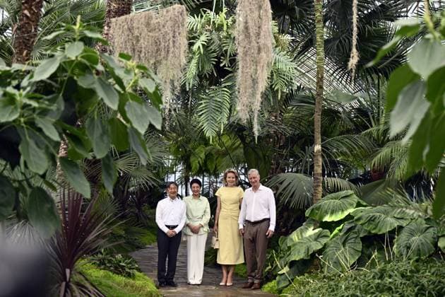 King Philippe - Filip of Belgium, Japanese Empress Masako, Japanese Emperor Naruhito and Queen Mathilde of Belgium pictured at a visit to the Royal Greenhouses and the Japanese Tower in Laken - Laeken, Brussels, during an official state visit of the Japanese Emperor and Empress to Belgium, on Thursday 25 June 2026. The Emperor and Empress of Japan visit Belgium from June 20-25.  ERICxLALMAND 179221471
