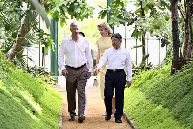 King Philippe - Filip of Belgium, Japanese Empress Masako, Japanese Emperor Naruhito and Queen Mathilde of Belgium pictured at a visit to the Royal Greenhouses and the Japanese Tower in Laken - Laeken, Brussels, during an official state visit of the Japanese Emperor and Empress to Belgium, on Thursday 25 June 2026. The Emperor and Empress of Japan visit Belgium from June 20-25.  ERICxLALMAND 179221486