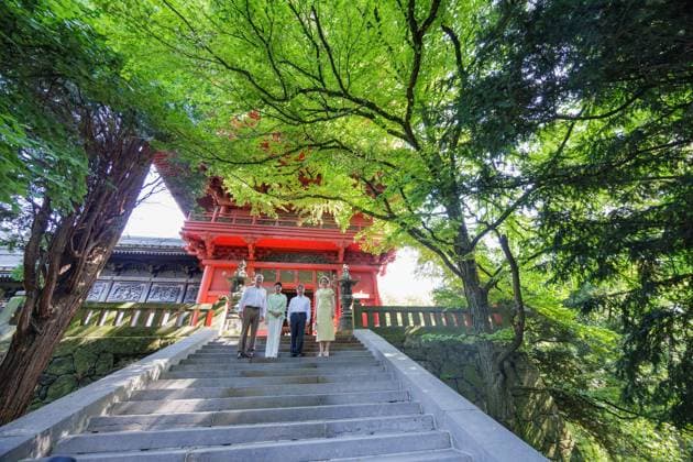King Philippe - Filip of Belgium, Japanese Empress Masako, Japanese Emperor Naruhito and Queen Mathilde of Belgium pictured at a visit to the Japanese Tower in Laken - Laeken, Brussels, during an official state visit of the Japanese Emperor and Empress to Belgium, on Thursday 25 June 2026. The Emperor and Empress of Japan visit Belgium from June 20-25.  POOLxOLIVIERxMATTHYS 179222754