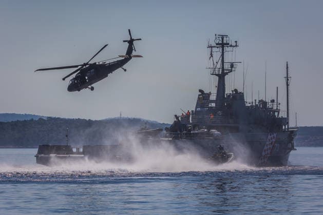 Combat Power 26 - Croatia Military Exercise Croatian Armed Forces personnel take part in the naval segment of the Combat Power 26 international joint military exercise at the Zirje naval training area near Primosten on June 25, 2026 in Croatia. The exercise features vessels of the Croatian Navy, Rafale multirole fighter aircraft of the Croatian Air Force, air defence systems, artillery units, and special forces demonstrating the Croatian Armed Forces capabilities for maritime combat operations.  ZvonimirxBarisin PIXSELL