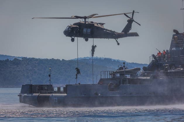 Combat Power 26 - Croatia Military Exercise Croatian Armed Forces personnel take part in the naval segment of the Combat Power 26 international joint military exercise at the Zirje naval training area near Primosten on June 25, 2026 in Croatia. The exercise features vessels of the Croatian Navy, Rafale multirole fighter aircraft of the Croatian Air Force, air defence systems, artillery units, and special forces demonstrating the Croatian Armed Forces capabilities for maritime combat operations.  ZvonimirxBarisin PIXSELL