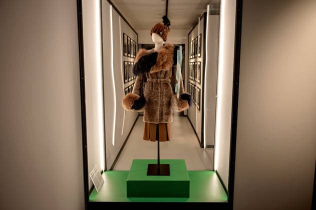 Exhibition: Fashion in Light 1955 1975 ROME, ITALY - JUNE 25: Karl Lagerfeld for Fendi, Ensemble comprising overcoat, skirt and hat in wool, Autumn Winter 1973 74, Label: Fendi Rome, astrakhan, fox, wool, bone, during the Exhibition Fashion in Light 1955 1975, Rome: between glamour and industrial innovation, featuring cinema, style, the great fashion designers, timeless brands, and the stars of the silver screen and haute couture, at the Capitoline Museums, Centrale Montemartini on June 25, 2026 in Rome, Italy. Rome Italy Copyright: xStefanoxMontesix