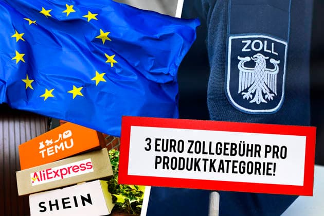 FOTOMONTAGE, Pakete von chinesischen Onlinehändlern vor einer Haustür, Zollabfertigung und EU-Fahne, Zollgebühren für Kleinsendungen in die EU anhand von Artikelkategorien Hamburg Hamburg Deutschland ** NUR FÜR REDAKTIONELLE ZWECKE ** EDITORIAL USE ONLY ** *** PHOTOMONTAGE: Packages from Chinese online retailers in front of a front door, customs clearance, and an EU flag; customs duties for small shipments to the EU based on product categories; Hamburg, Germany ** FOR EDITORIAL USE ONLY ** EDITORIAL USE ONLY **