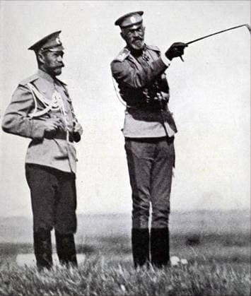 RECORD DATE NOT STATED Photograph of Emperor Nicholas II of Russia and Grand Duke Nikolai Nikolayevich Jr. Photograph of Emperor Nicholas II of Russia and Grand Duke Nikolai Nikolayevich Jr. during a military exercise. Dated 20th century Editorial use only. All other uses to be cleared with the copyright owner (World History Archive), in advance., WHA_102_0169.jpg, Emperor Nicholas II; Grand Duke Nikolai Nikolayevich Jr; Russia; military exercise; 20th century; royalty; Russian Empire; historical; Tsar; soldiers; uniforms; military training; Russian history; monarchs; European history; Russian rulers; military drills; Russian aristocracy; Nicholas II of Russia; Nikolai Nikolayevich Jr; military maneuvers; Russian military; Russian leaders; Copyright: xx