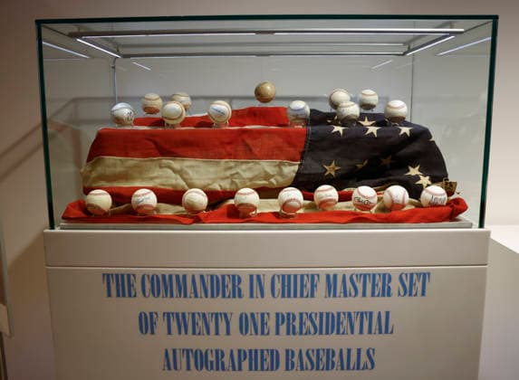 A collection of baseballs signed autographed by United States Presidents is on display at a press review for the free American History Exhibition at Christie s on Thursday, June 25, 2026 in New York City. Christie s New York at 20 Rockefeller Plaza is offering a free, public exhibition of extremely rare items from American history from June 25 until June 30, right before the nation s 250 birthday.  NYP20260625101 JOHNxANGELILLO