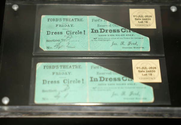 A pair of President Abraham Lincoln assassination Ford Theater tickets are on display at a press review for the free American History Exhibition at Christie s on Thursday, June 25, 2026 in New York City. Christie s New York at 20 Rockefeller Plaza is offering a free, public exhibition of extremely rare items from American history from June 25 until June 30, right before the nation s 250 birthday.  NYP20260625109 JOHNxANGELILLO