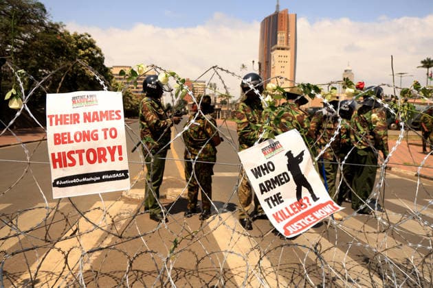 Protests in Kenya mark anniversary of finance bill demonstrations NAIROBI, KENYA - JUNE 25: Demonstrators gather near the parliament building to mark the second anniversary of the Gen Z-led protests against the controversial finance bill that erupted in 2024 and resulted in dozens of deaths, despite heavy police barricades and a blockade in Nairobi, Kenya on June 25, 2026. Families of the victims, activists, and citizens gathered to honor those who lost their lives, while Kenyan security forces took extensive security measures. Lucas Mukasa Anadolu Nairobi Kenya. Editorial use only. Please get in touch for any other usage.  Copyright: x2026xAnadoluxLucasxMukasax