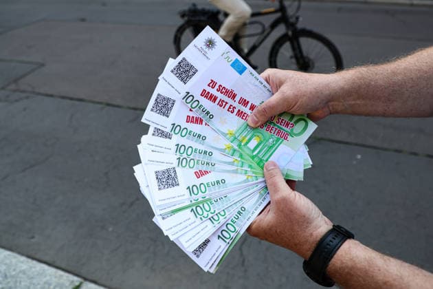 Pressesprecher Uwe Bachmann (Landeskriminalamt Sachsen-Anhalt) hält einen hundert Eurogeldscheine in Form vom Flyer in seiner Hand - ACHTUNG PRÄVENTIONSSCHWERPUNKT -‹ aktiv gegen Straftaten zum Nachteil älterer Menschen. Am 25. Juni lassen Mitarbeiter vom LKA vom Rathausbalkon Flyer in Form von 100 Euro und 50 Euro Geldcheinen regnen. Zum Mittag wird die selbe Aktion noch einmal im Allee-Center in Magdeburg (Sachsen-Anhalt) durchgeführt. *** Press Spokesperson Uwe Bachmann of the Saxony-Anhalt State Criminal Police Office holds a 100-euro bill shaped like a flyer in his hand ATTENTION: PREVENTION FOCUS ‹ Taking Active Measures Against Crimes Against the Elderly On June 25, LKA staff will drop flyers shaped like 100-euro and 50-euro b