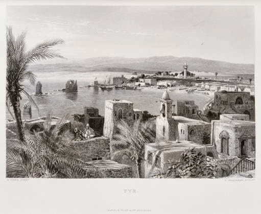RECORD DATE NOT STATED Engraving by Victor Guerin, port of Tyre in Lebanon. 1875 Engraving by Victor Guerin (1821 - 1891) depicting the port of Tyre in Lebanon. 1875 Editorial use only. All other uses to be cleared with the copyright owner (World History Archive), in advance., WHA_104_0800.jpg, No People; Horizontal; Outdoors; Day; Sky; Building Exterior; Architecture; City; Cityscape; House; Horizon Over Land; Palm Tree; Sea; History; The Past; Traditional Culture; Art; Western Script; Text; Engraving; 1875; Victor Guerin; Tyre; Lebanon; Port Copyright: xx