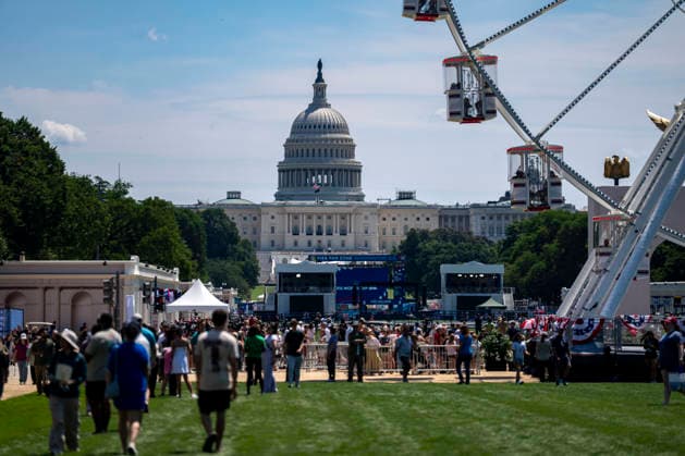 The U.S. Capitol is seen as a ferris wheel turns during the first day of Great American State Fair on the National Mall on June 25, 2026 in Washington, DC. The Freedom 250-backed Great American State Fair celebrating the 250th anniversary of the United States runs through July 10th.  WAP20260625722 BONNIExCASH