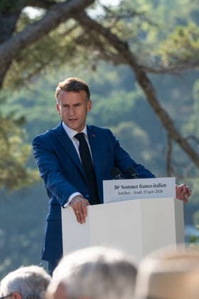 French President Emmanuel Macron during a press conference at the 36th Franco-Italian Summit in Antibes, France, on June 25, 2026. Laurent Coust, Pool Bestimage, Antibes, France  Copyright: xLaurentxCoust Pool BestimagexLaurentxCoust Pool Bestimagex