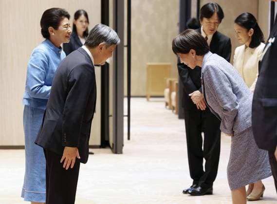 Emperor, empress return home Japanese Emperor Naruhito (front, L) and Empress Masako (behind him) are greeted by Prime Minister Sanae Takaichi (front, R) upon arrival at Tokyo s Haneda airport on June 26, 2026, following their official trip to the Netherlands and Belgium. (Pool photo)  A14AA0005620366P