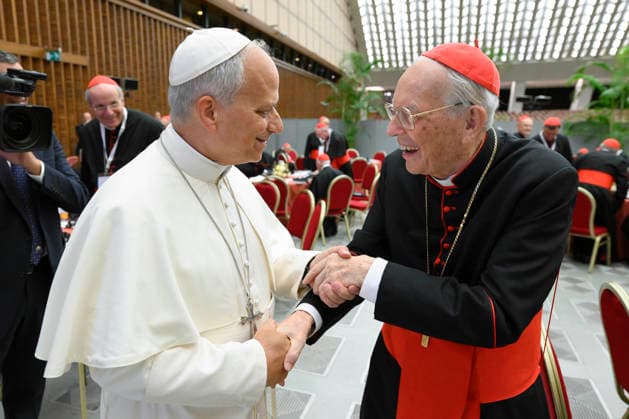 ITALY - POPE LEO XIV DURING THE FIRST MORNING SESSION ON THE EXTRAORDINARY CONSISTORY IN THE PAUL VI HALL AT THE VATICAN- 2026 6 26 Italy, Rome, Vatican, 2026 6 26 Pope Leo XIV shakes hands with Cardinal Giovanni Battista Re during the first morning session on the occasion of the Extraordinary Consistory in the Paul VI Hall at the Vatican EDITORIAL USE ONLY - NO BOOKS Copyright: xVATICANxMEDIAx