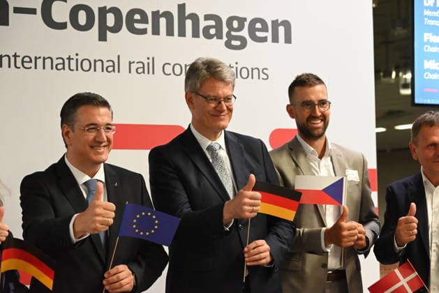 Three European capitals, Prague, Berlin, and Copenhagen, are now connected by a new rail line, which was officially launched at Berlin s main train station by representatives of the European Commission (EC), the German government, and the rail companies of the three countries today, on Friday, June 26, 2026. The line was officially launched by (from left) European Commissioner for Sustainable Transport and Tourism Apostolos Tzitzikostas, German Transport Minister Patrick Schnieder, and representatives of railway companies, including Michal Krapinec, CEO of Czech national rail operator Ceske drahy (CD). According to Schnieder, the new line puts the idea of a united Europe into practice on the rails. (CTKxPhoto JaromirxMrhal) CTKPhotoP202606  CTKPhotoP2026062606781