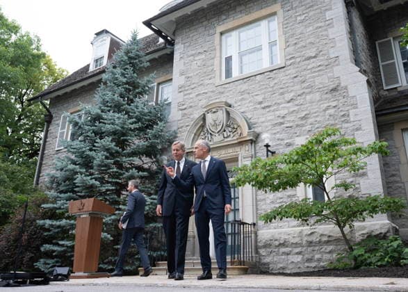 June 26, 2026, Ottawa, On, Canada: Rideau Hall Foundation CEO Rob Prichard (left) leaves an announcement with Prime Minister Mark Carney outside the official residence of the Prime Minister of Canada at 24 Sussex Dr., in Ottawa, Friday, June 26, 2026. Ottawa Canada  - ZUMAc35_ 20260626_zaf_c35_020 Copyright: xAdrianxWyldx