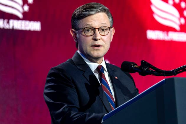 Speaker of the House Mike Johnson, R-LA, speaks during the Faith and Freedom Coalition 2026 Road to Majority Policy Conference at the Washington Hilton in Washington, DC on Friday, June 26, 2026. President Donald Trump and members of his cabinet will return to the Washington Hilton for the first time since the White House Correspondents Association dinner shooting earlier this year.  WAP20260626778 BONNIExCASH