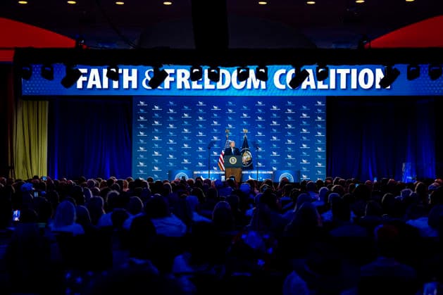 President Donald Trump speaks during the Faith and Freedom Coalition 2026 Road to Majority Policy Conference at the Washington Hilton in Washington, DC on Friday, June 26, 2026. President Donald Trump and members of his cabinet will return to the Washington Hilton for the first time since the White House Correspondents Association dinner shooting earlier this year.  WAP20260626792 BONNIExCASH